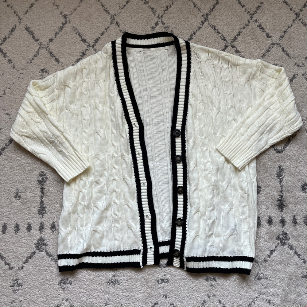 Striped Trim Cable Knit Drop Shoulder Varsity Taylor Swift Inspired Cardigan M